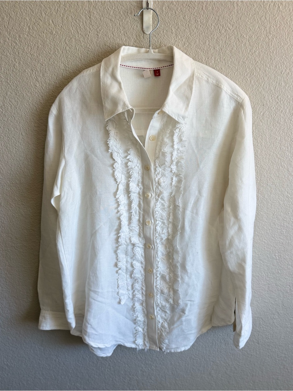 Pilcro Anthropologie White Tuxedo Button Down Shirt Ruffles Linen Blend Small - Picture 3 of 9